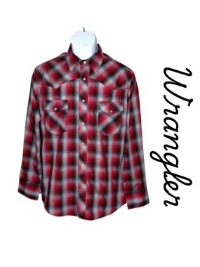 Wrangler Western Pearl Snap Plaid Red Button Down Shirt Mens L Country Cowboy